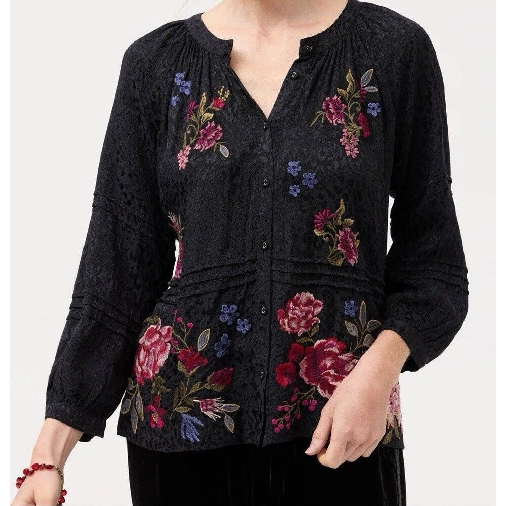 Johnny Was Sassiba Pintuck Raglan Button Up Women’s S Black Embroidered Floral - Picture 1 of 10